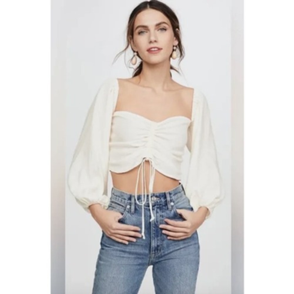 Reformation Ivory Peasant Top Desmond Cropped Ruched Milkmaid Festival Boho Sz 4